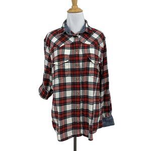 Jachs Girlfriend Shirt Womens M Multi Cotton Bea Flannel Tab Sleeve Snap Buttons